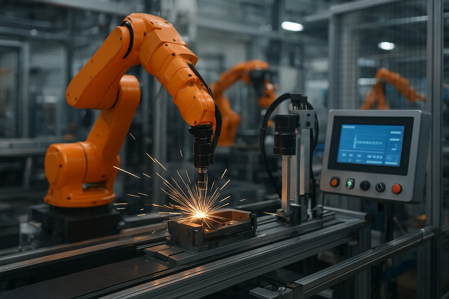 Ilustracja: pomarańczowy robot przemysłowy spawa element na stanowisku z panelem operatora
