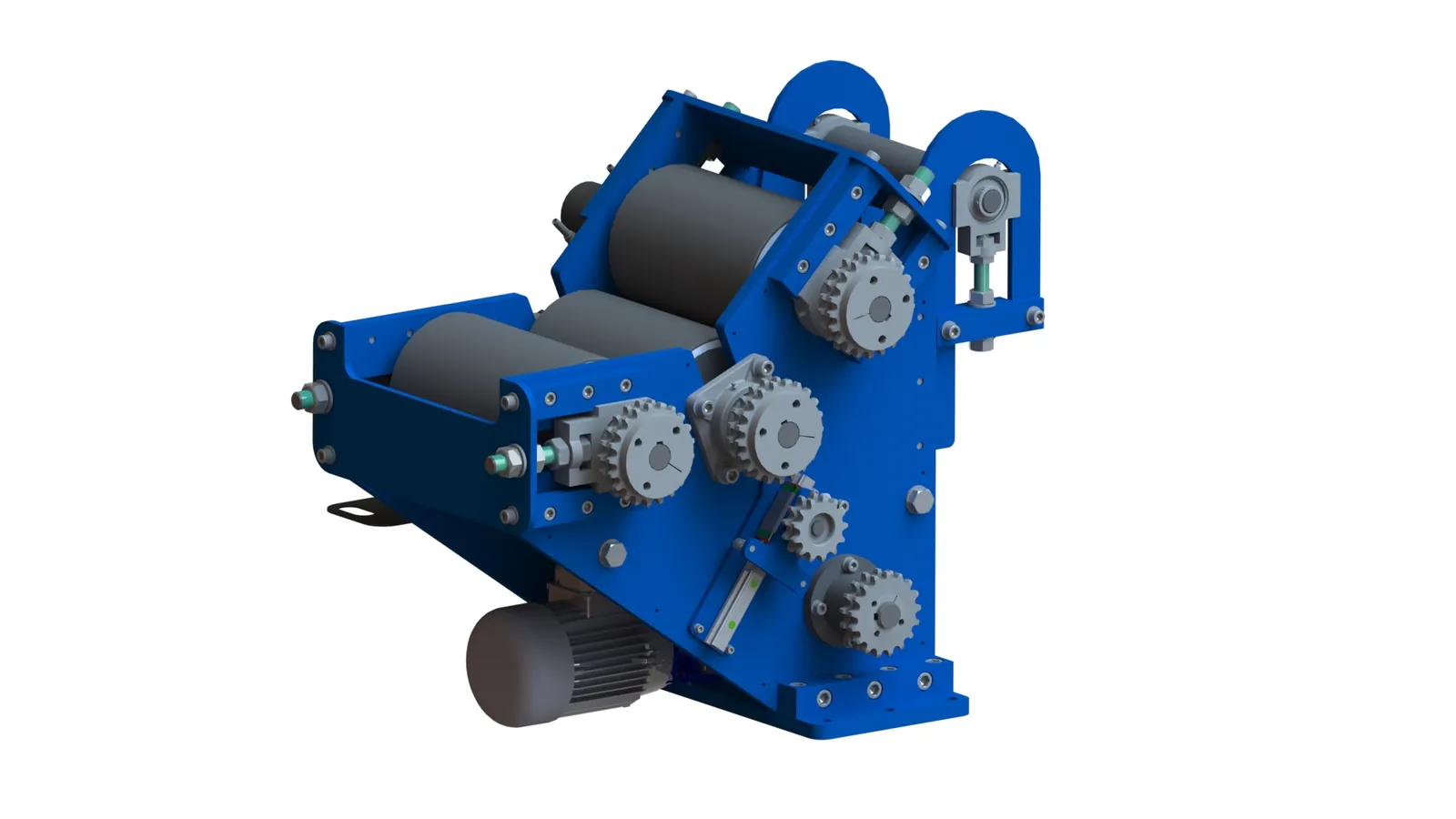 3D model of a calender unit: blue frame with rolls and gears