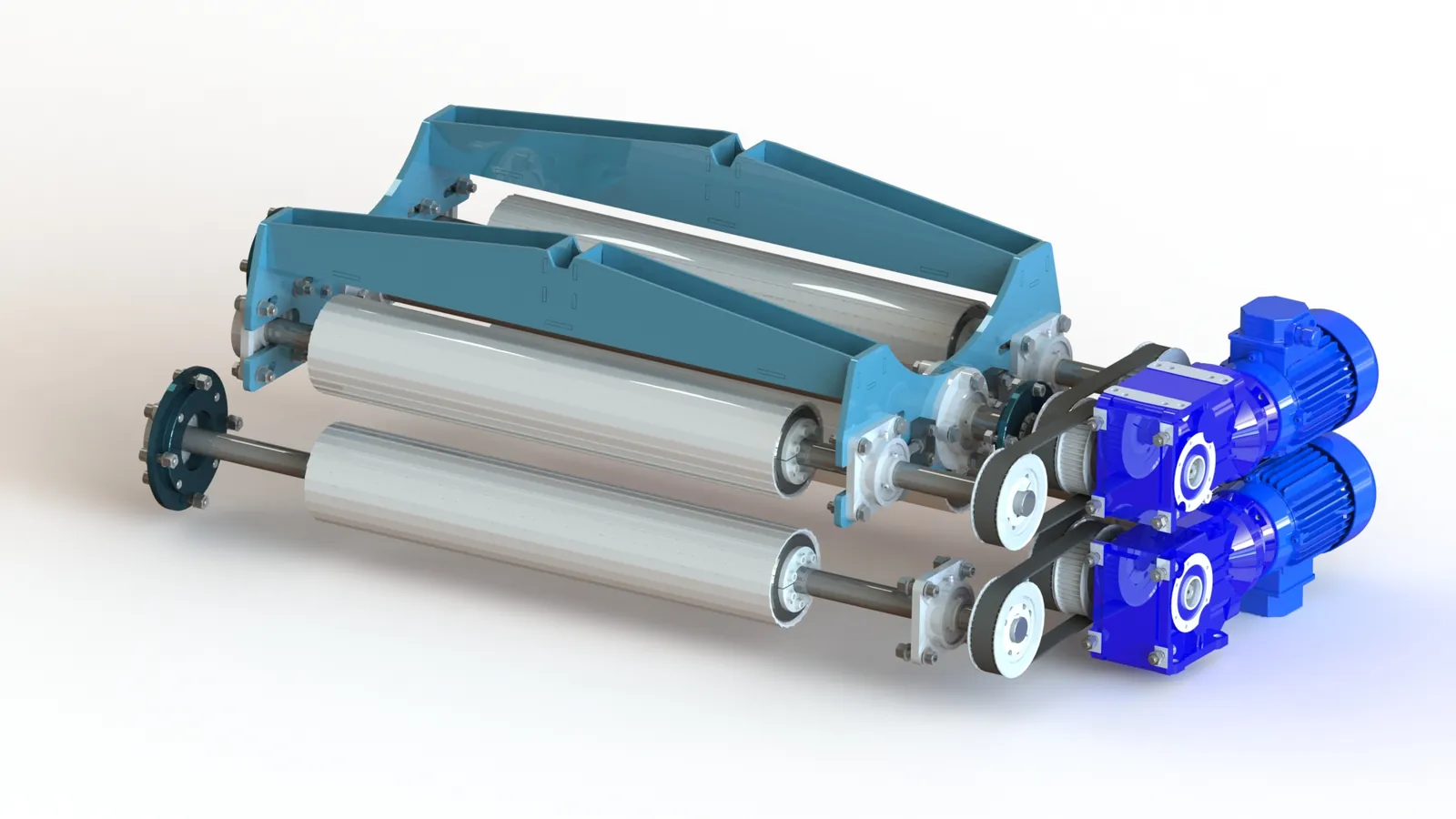 3D model of a saw feed drive: rollers, frame and two geared motors