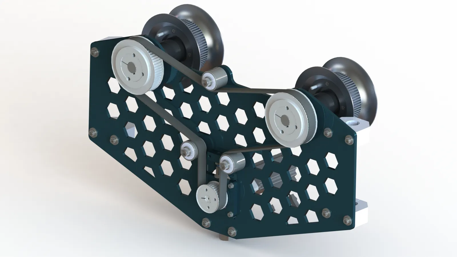 3D model of a perforated plate with timing pulleys